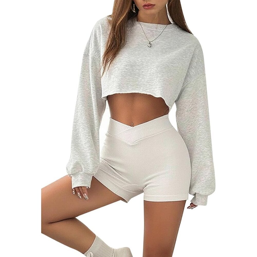 Women's Cropped Sweatshirt Fleece Small Grey Crewneck Drop Shoulder Pullover - Picture 4 of 6